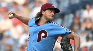 Jul 16, 2026; Philadelphia, Pennsylvania, USA; Philadelphia Phillies pitcher Aaron Nola (27) throws a pitch during the second inning against the New York Mets at Citizens Bank Park.