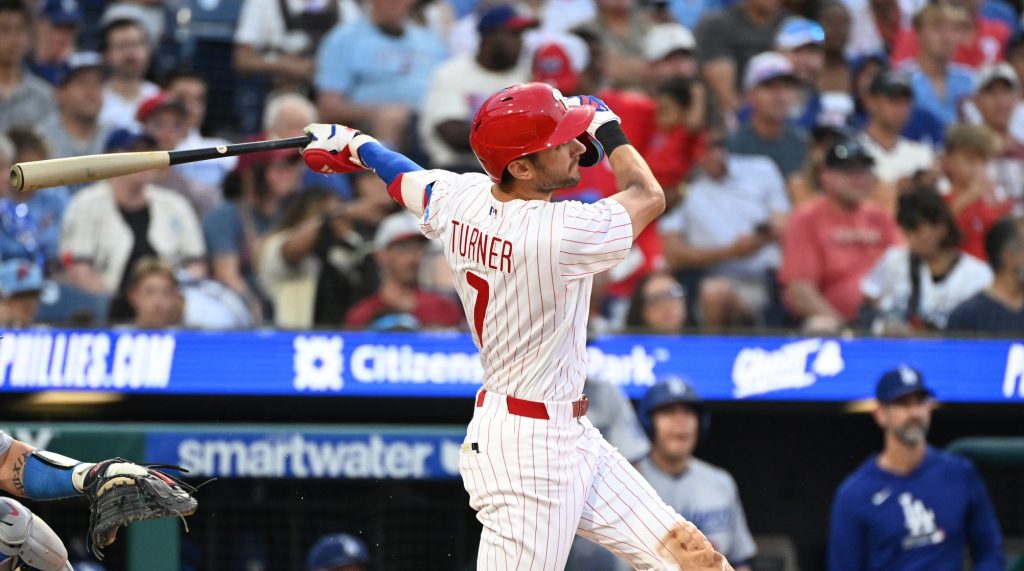 Jul 20, 2026; Philadelphia, Pennsylvania, USA; Philadelphia Phillies shortstop Trea Turner (7) hits a two run home run during the second inning against the Los Angeles Dodgers at Citizens Bank Park.