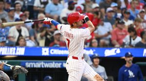 Jul 20, 2026; Philadelphia, Pennsylvania, USA; Philadelphia Phillies shortstop Trea Turner (7) hits a two run home run during the second inning against the Los Angeles Dodgers at Citizens Bank Park.