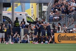 Jul 22, 2026; Chester, Pennsylvania, USA; Philadelphia Union forward Milan Iloski (10) celebrates with teammates after scoring a goal against the New York Red Bulls in the first half at Subaru Park.