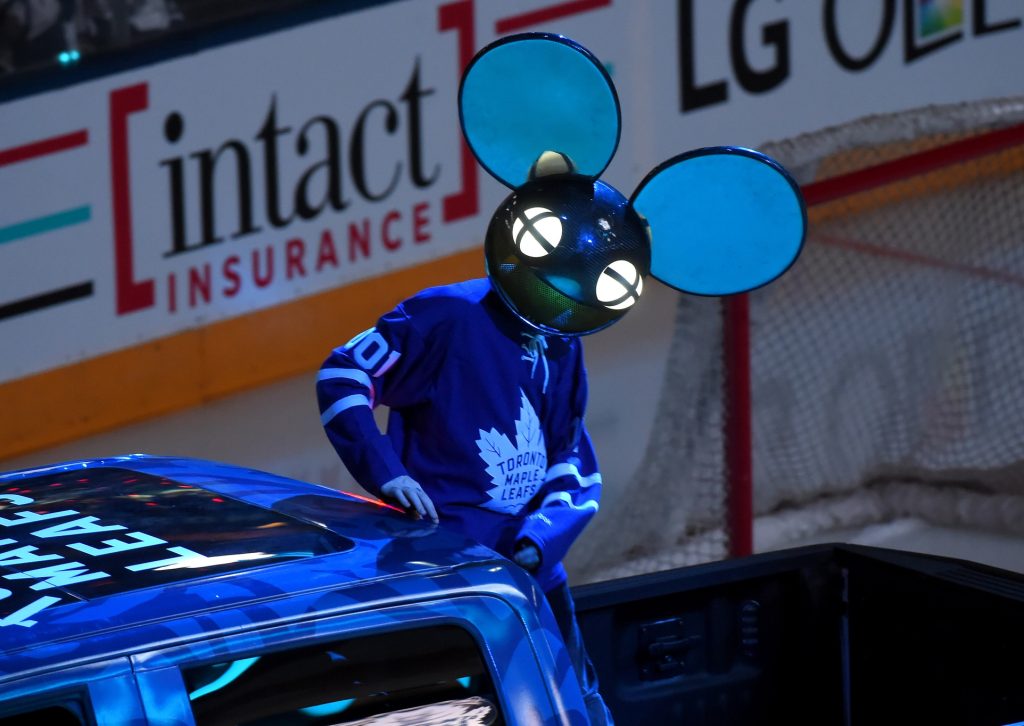 Oct 15, 2016; Toronto, Ontario, CAN; Recording artist deadmau5 waves to fans during pre-game ceremonies before Toronto Maple Leafs host Boston Bruins at Air Canada Centre.