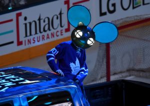 Oct 15, 2016; Toronto, Ontario, CAN; Recording artist deadmau5 waves to fans during pre-game ceremonies before Toronto Maple Leafs host Boston Bruins at Air Canada Centre.