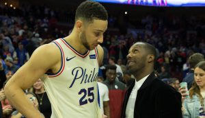 Apr 6, 2018; Philadelphia, PA, USA; Philadelphia 76ers guard Ben Simmons (25) talks with his agent Rich Paul (R) after a game against the Cleveland Cavaliers at Wells Fargo Center.