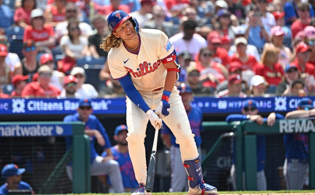 Jul 19, 2026; Philadelphia, Pennsylvania, USA; Philadelphia Phillies third baseman Alec Bohm (28) strikes out to end the fifth inning against the New York Mets at Citizens Bank Park.