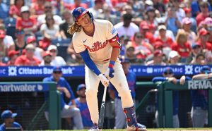 Jul 19, 2026; Philadelphia, Pennsylvania, USA; Philadelphia Phillies third baseman Alec Bohm (28) strikes out to end the fifth inning against the New York Mets at Citizens Bank Park.