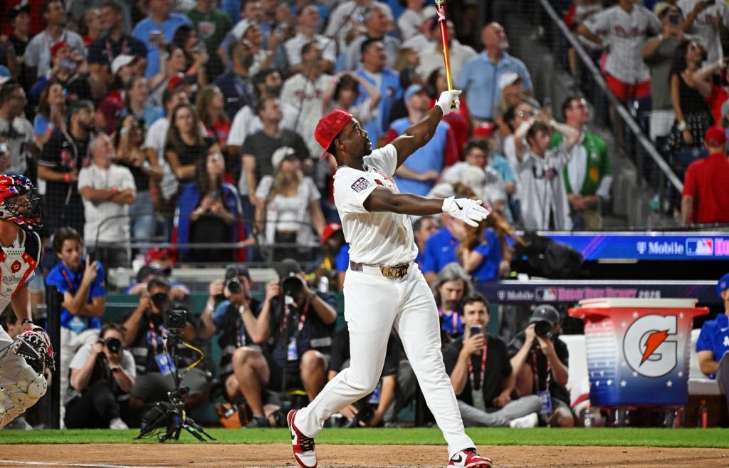 Jul 13, 2026; Philadelphia, PA, USA; St. Louis Cardinals right fielder Jordan Walker (18) celebrates after winning the home run derby at Citizens Bank Park.