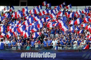 July 9, 2026; Foxborough, Massachusetts, U.S.; France fans wave their national flag in the stands during the match.