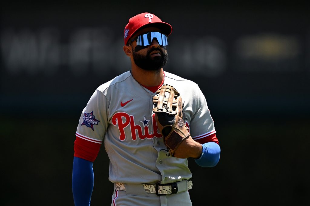 Jul 12, 2026; Detroit, Michigan, USA; Philadelphia Phillies center fielder Derek Hill (49) walks in from the outfield after pre-game warmups before their game against the Detroit Tigers at Comerica Park.