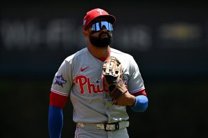 Jul 12, 2026; Detroit, Michigan, USA; Philadelphia Phillies center fielder Derek Hill (49) walks in from the outfield after pre-game warmups before their game against the Detroit Tigers at Comerica Park.