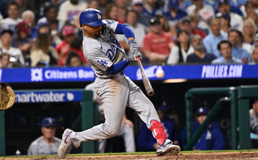 Jul 20, 2026; Philadelphia, Pennsylvania, USA; Los Angeles Dodgers shortstop Mookie Betts (50) hits a home run during the seventh inning against the Philadelphia Phillies at Citizens Bank Park.