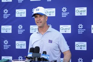 Jun 9, 2026; East Rutherford, NJ, USA; New York Giants head coach John Harbaugh answers questions from the press after the minicamp activities at Quest Diagnostics Center.