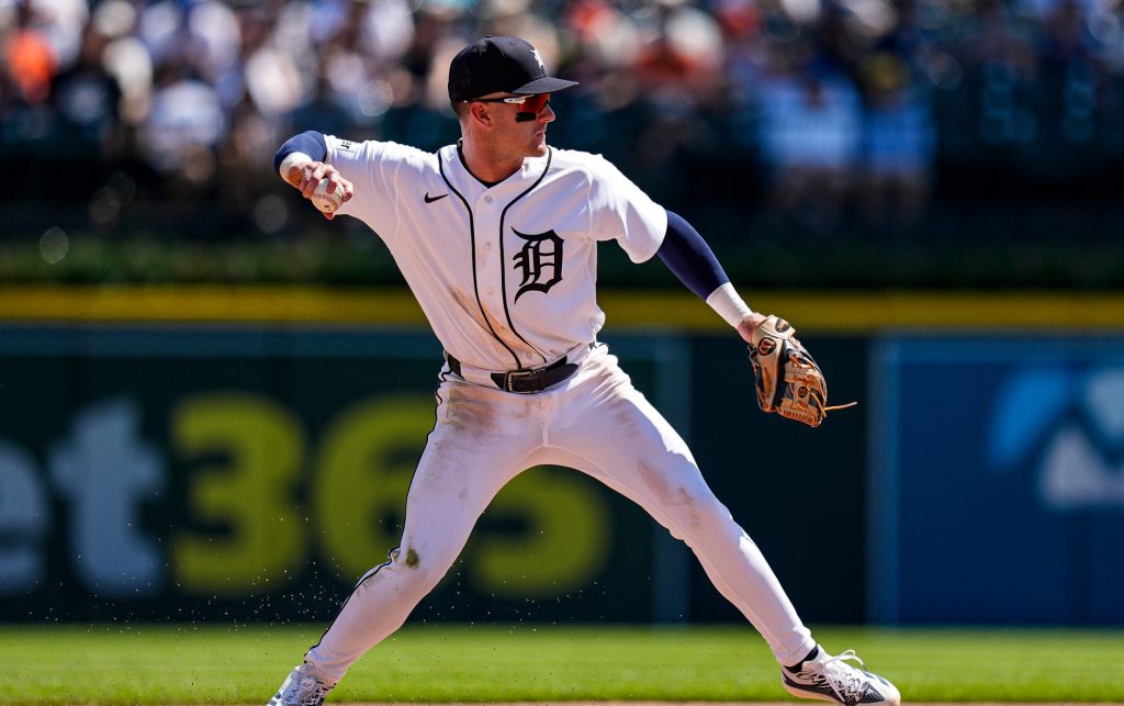 Detroit Tigers shortstop Kevin McGonigle (7) throws towards first base against Philadelphia Phillies during the eighth inning at Comerica Park in Detroit on Sunday, July 12, 2026.