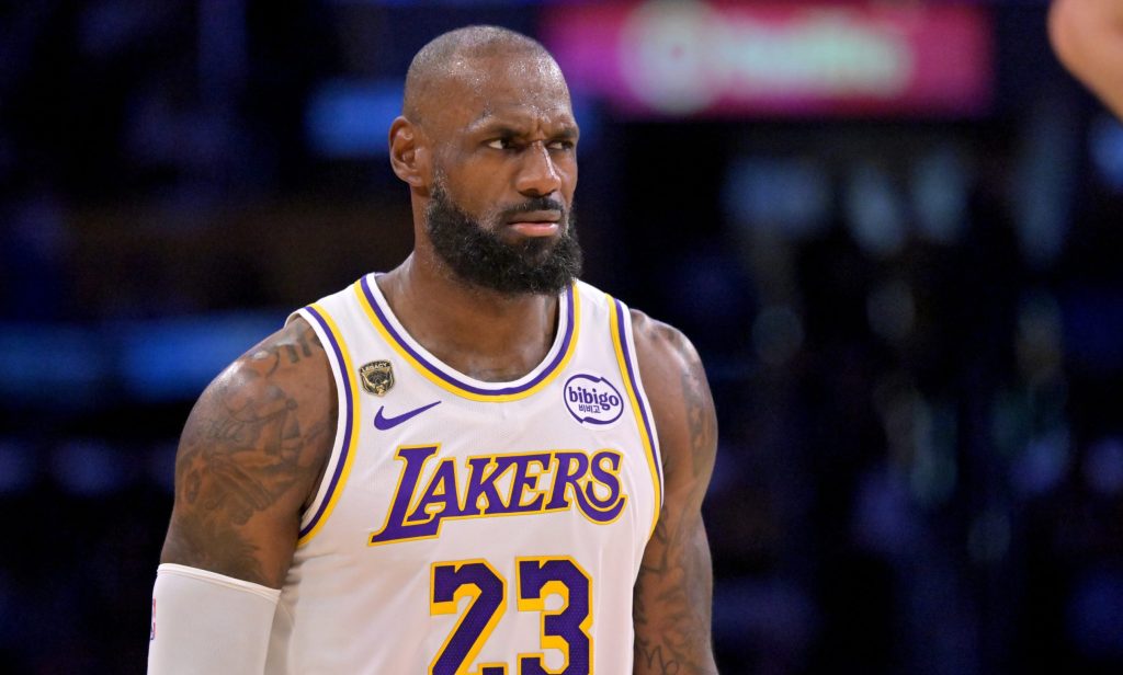 May 9, 2026; Los Angeles, California, USA; Los Angeles Lakers forward LeBron James (23) reacts after a foul in game three of the second round of the 2026 NBA Playoffs against the Oklahoma City Thunder at Crypto.com Arena.