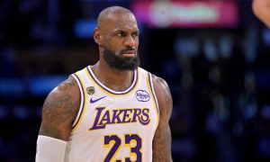 May 9, 2026; Los Angeles, California, USA; Los Angeles Lakers forward LeBron James (23) reacts after a foul in game three of the second round of the 2026 NBA Playoffs against the Oklahoma City Thunder at Crypto.com Arena.