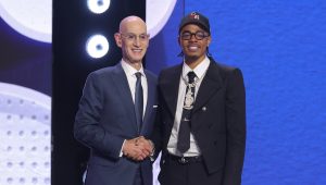 Jun 23, 2026; New York, NY, USA; NBA commissioner Adam Silver greets the twenty second pick in the 2026 NBA draft, Alabama guard Labaron Philon Jr. after he was selected by the Philadelphia 76ers at Barclays Center.