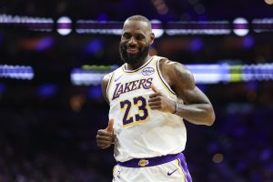 Dec 7, 2025; Philadelphia, Pennsylvania, USA; Los Angeles Lakers forward Lebron James (23) reacts after a play against the Philadelphia 76ers during the second quarter at Xfinity Mobile Arena.