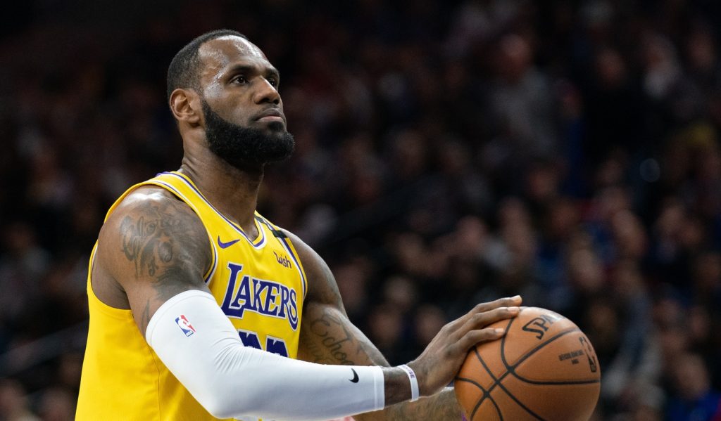 Jan 25, 2020; Philadelphia, Pennsylvania, USA; Los Angeles Lakers forward LeBron James (23) shoots a foul shot against the Philadelphia 76ers during the second quarter at Wells Fargo Center.