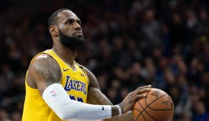 Jan 25, 2020; Philadelphia, Pennsylvania, USA; Los Angeles Lakers forward LeBron James (23) shoots a foul shot against the Philadelphia 76ers during the second quarter at Wells Fargo Center.