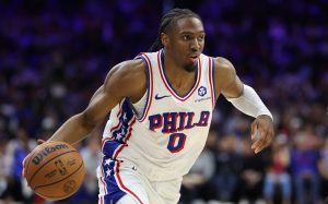 May 8, 2026; Philadelphia, Pennsylvania, USA; Philadelphia 76ers guard Tyrese Maxey (0) controls the ball against the New York Knicks during the third quarter of game three of the second round of the 2026 NBA Playoffs at Xfinity Mobile Arena.