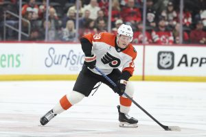 Apr 7, 2026; Newark, New Jersey, USA; Philadelphia Flyers right wing Matvei Michkov (39) skates with the puck against the New Jersey Devils during the first period at Prudential Center.