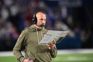 Nov 2, 2025; Orchard Park, New York, USA; Kansas City Chiefs offensive coordinator Matt Nagy looks on during the third quarter against the Buffalo Bills at Highmark Stadium.