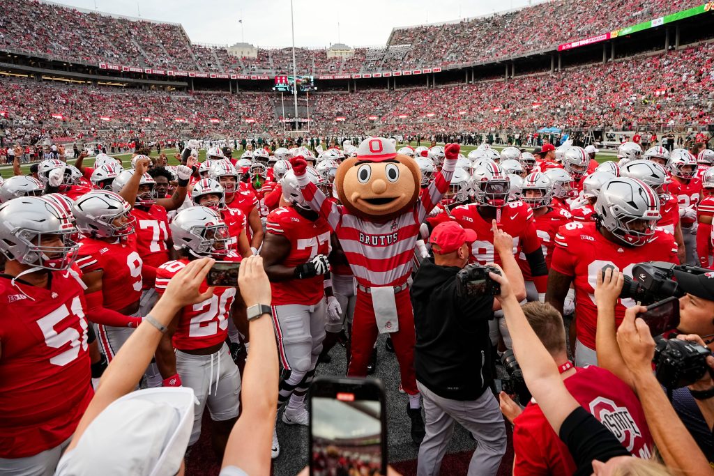 Brutus Buckeye and the football team do the quick cals drill prior to the NCAA football game against the Ohio Bobcats at Ohio Stadium on Sept. 13, 2025. Ohio State won 37-9.