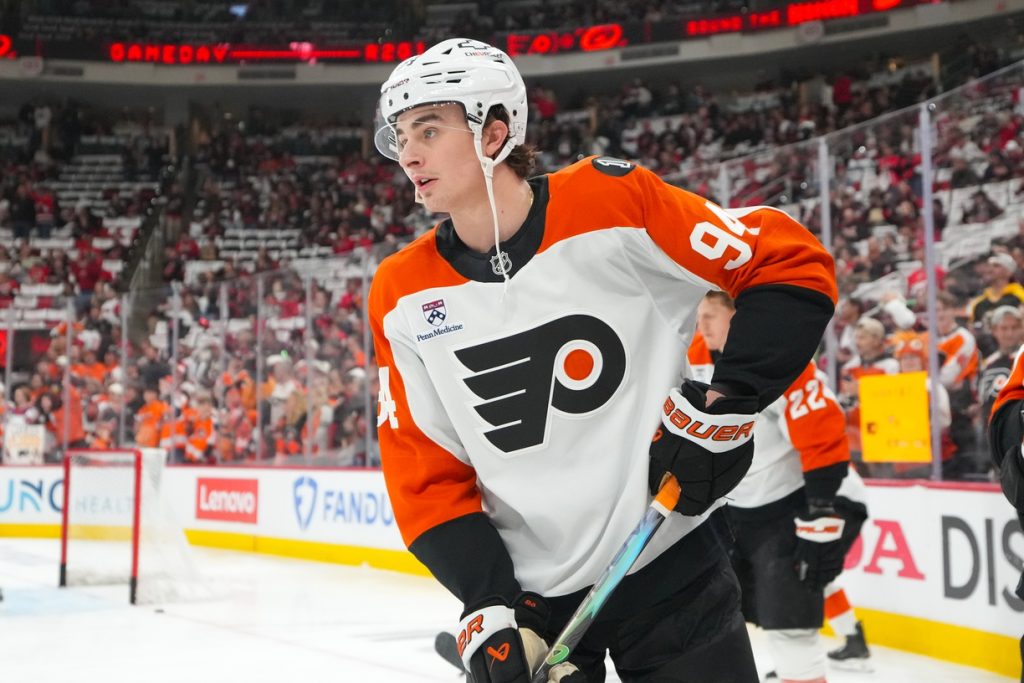 May 2, 2026; Raleigh, North Carolina, USA; Philadelphia Flyers right wing Porter Martone (94) looks on during the warmups before the game against the Carolina Hurricanes at Lenovo Center.