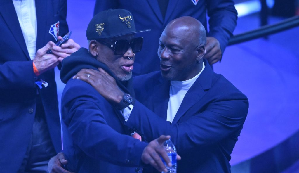 Feb 20, 2022; Cleveland, Ohio, USA; Dennis Rodman (left) and Michael Jordan (right) at halftime during the 2022 NBA All-Star Game at Rocket Mortgage FieldHouse.