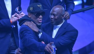 Feb 20, 2022; Cleveland, Ohio, USA; Dennis Rodman (left) and Michael Jordan (right) at halftime during the 2022 NBA All-Star Game at Rocket Mortgage FieldHouse.
