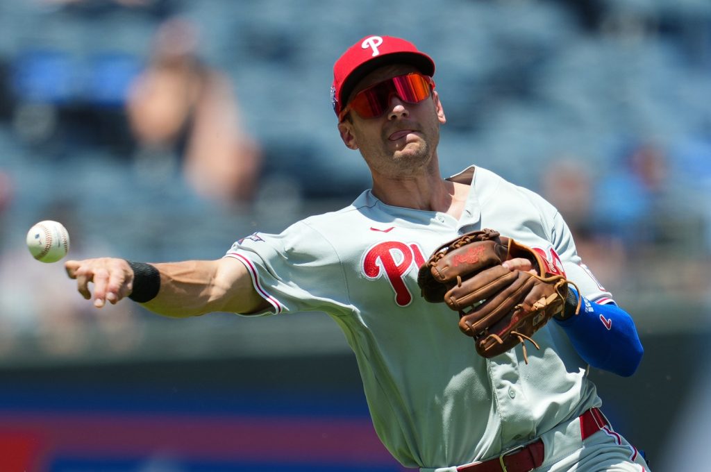 Jul 6, 2026; Kansas City, Missouri, USA; Philadelphia Phillies shortstop Trea Turner (7) throws to first base during the first inning against the Kansas City Royals at Kauffman Stadium. Mandatory Credit: