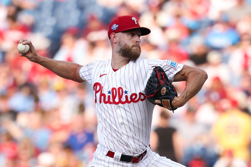 Jul 1, 2026; Philadelphia, Pennsylvania, USA; Philadelphia Phillies pitcher Zack Wheeler (45) throws a pitch during the second inning against the Pittsburgh Pirates at Citizens Bank Park.
