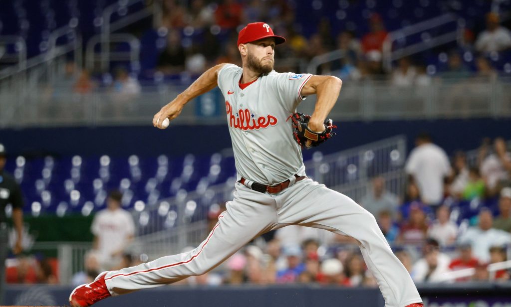 Jul 27, 2026; Miami, Florida, USA; Philadelphia Phillies starting pitcher Zack Wheeler (45) throws against the Miami Marlins during the first inning at loanDepot Park.
