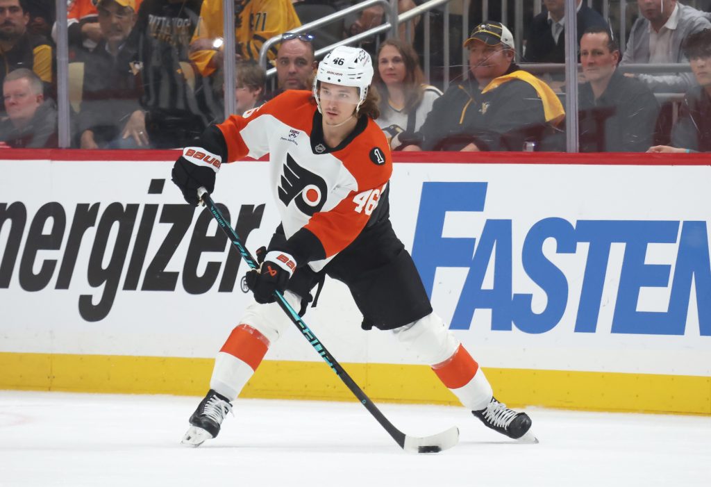 Apr 27, 2026; Pittsburgh, Pennsylvania, USA; Philadelphia Flyers center Trevor Zegras (46) handles the puck against the Pittsburgh Penguins during the first period in game five of the first round of the 2026 Stanley Cup Playoffs at PPG Paints Arena.