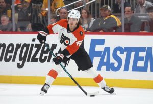 Apr 27, 2026; Pittsburgh, Pennsylvania, USA; Philadelphia Flyers center Trevor Zegras (46) handles the puck against the Pittsburgh Penguins during the first period in game five of the first round of the 2026 Stanley Cup Playoffs at PPG Paints Arena.