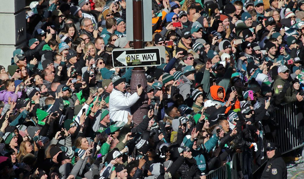 Feb 8, 2018; Philadelphia , PA, USA; Philadelphia Eagles fans celebrate their first Super Bowl Championship with a parade down Broad Street to the Philadelphia Museum of Art. Mandatory Credit: