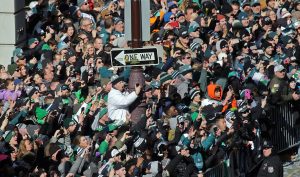 Feb 8, 2018; Philadelphia , PA, USA; Philadelphia Eagles fans celebrate their first Super Bowl Championship with a parade down Broad Street to the Philadelphia Museum of Art. Mandatory Credit:
