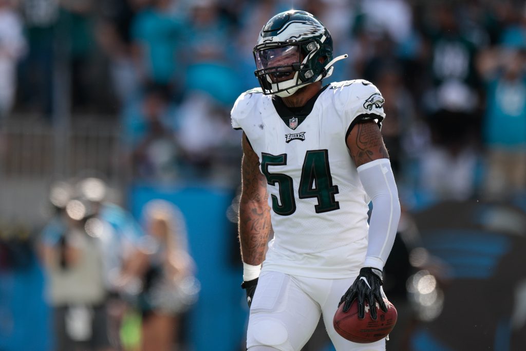 Oct 10, 2021; Charlotte, North Carolina, USA; Philadelphia Eagles linebacker Shaun Bradley (54) reacts after recovering a blocked punt during the second half against the Carolina Panthers at Bank of America Stadium.