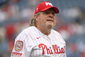 Aug 18, 2024; Philadelphia, Pennsylvania, USA; Former Philadelphia Phillies first baseman John Kruk during Phillies Alumni Weekend and the 20th anniversary of Citizens Bank Park before game against the Washington Nationals at Citizens Bank Park. Mandatory Credit: