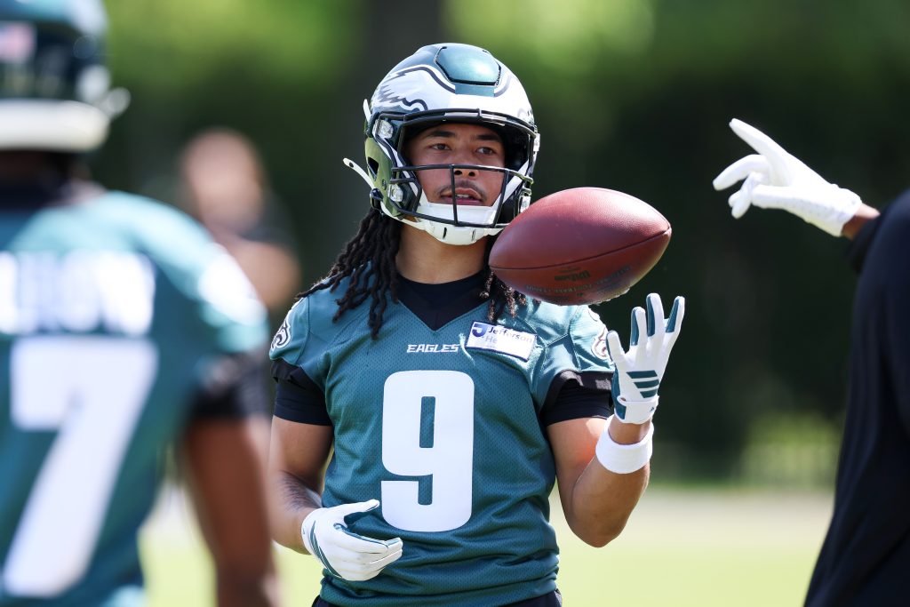 May 1, 2026; Philadelphia, PA, USA; Philadelphia Eagles wide receiver Makai Lemon (9) during rookie minicamp at NovaCare Complex.