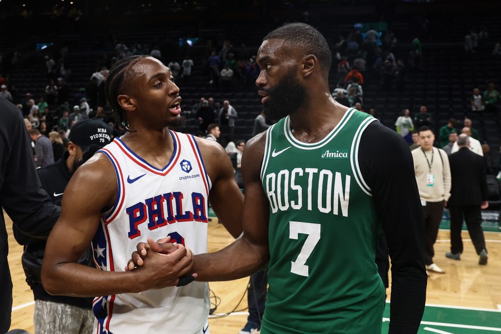 May 2, 2026; Boston, Massachusetts, USA; Philadelphia 76ers guard Tyrese Maxey (0) talks with Boston Celtics guard Jaylen Brown (7)after PhiladephiaÕs win in game seven of the first round of the 2026 NBA Playoffs at TD Garden.