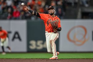 Jul 24, 2026; San Francisco, California, USA; San Francisco Giants second baseman Luis Arraez (1) throws the ball to first for an out in the top of the eighth inning against the Los Angeles Angels at Oracle Park.