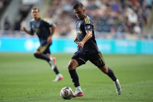 Aug 1, 2026; Chester, Pennsylvania, USA; Philadelphia Union defender Kai Wagner (27) passes the ball against Atlanta United FC in the second half at Subaru Park.