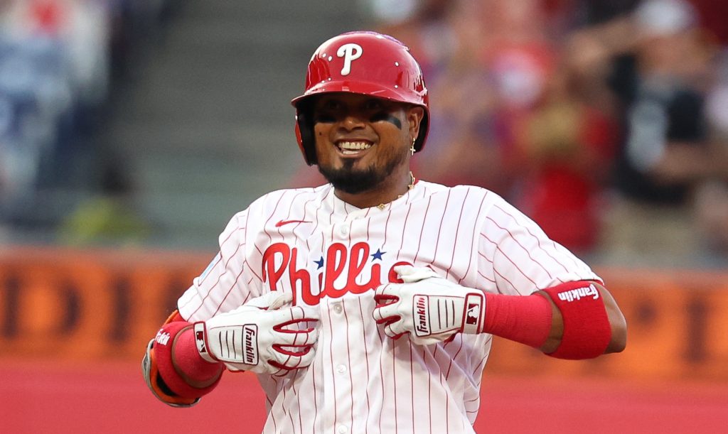 Aug 4, 2026; Philadelphia, Pennsylvania, USA; Philadelphia Phillies second baseman Luis Arraez (4) reacts to his RBI double against the Washington Nationals during the third inning at Citizens Bank Park.
