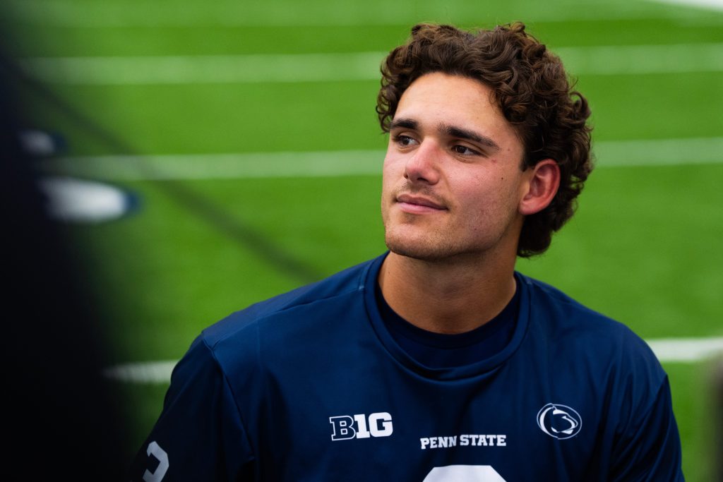 Penn State quarterback Rocco Becht talks with reporters during football media day in Holuba Hall, Friday, August 7, 2026, in State College.