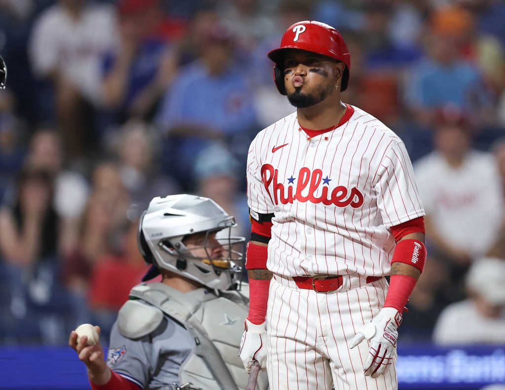 Aug 7, 2026; Philadelphia, Pennsylvania, USA; Philadelphia Phillies second baseman Luis Arraez (4) reacts after a called strike during the sixth inning against the Toronto Blue Jays at Citizens Bank Park.