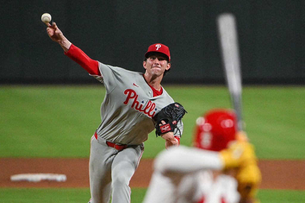 Aug 10, 2026; St. Louis, Missouri, USA; Philadelphia Phillies starting pitcher Andrew Painter (24) throws against St. Louis Cardinals designated hitter Ivan Herrera (48) during the sixth inning at Busch Stadium.