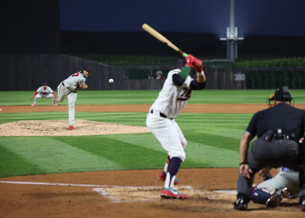 Aug 13, 2026; Dyersville, Iowa, USA; Philadelphia Phillies pitcher Aaron Nola (27) throws a pitch against the Minnesota Twins at the Field of Dreams.