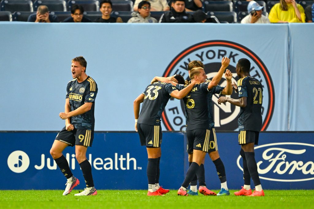 Aug 16, 2026; New York, New York, USA; Philadelphia Union forward Bruno Damiani (9) celebrates his goal during the second half against New York City FC at Yankee Stadium.