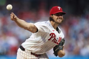 Aug 19, 2026; Philadelphia, Pennsylvania, USA; Philadelphia Phillies pitcher Aaron Nola (27) throws a pitch against the Miami Marlins at Citizens Bank Park.