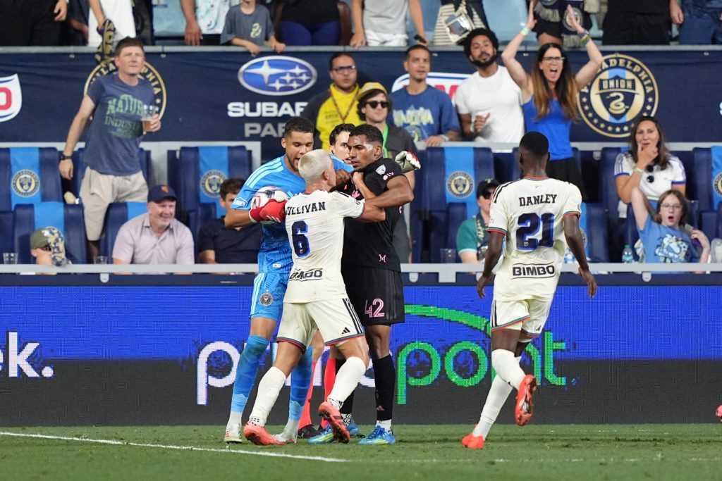 Aug 19, 2026; Chester, Pennsylvania, USA; An altercation breaks out between Philadelphia Union midfielder Cavan Sullivan (6) and Inter Miami CF midfielder Yannick Bright (42) in the second half at Subaru Park. Mandatory Credit: